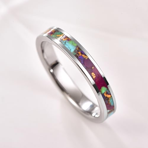 Vakki Silver Tungsten for Women Wedding Bands Inlaid with Purple Copper Turquoise Promise Ring Jewelry Gift for Wife Brides Mother Comfort Fit Size 7-122