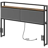 YATINEY Queen Size Headboard Only, Upholstered Queen Headboard with Charging Station, Head Board with Open Storage, Height Adjustable, Vintage Style, Sturdy and Stable, Rustic Brown, Gray and Black