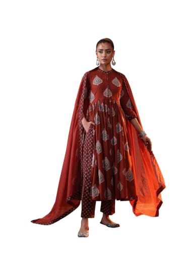 Khushal K Women Ethnic Motifs Printed Tiered Pure Cotton Kurta with Trousers & with Dupatta Deal