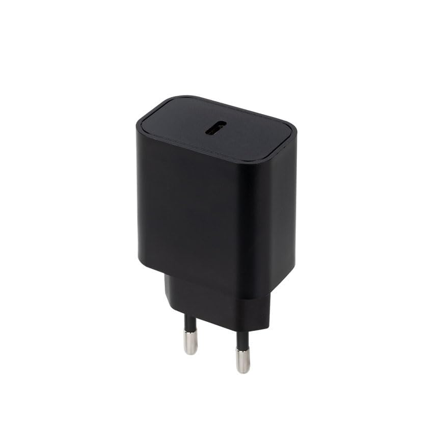 Cargador USB-C PD 3.0 de 20W en negro, perfecto para cargar dispositivos rápida y eficientemente. Su diseño compacto es ideal para el hogar u oficina, compatible con smartphones, tabletas y más.