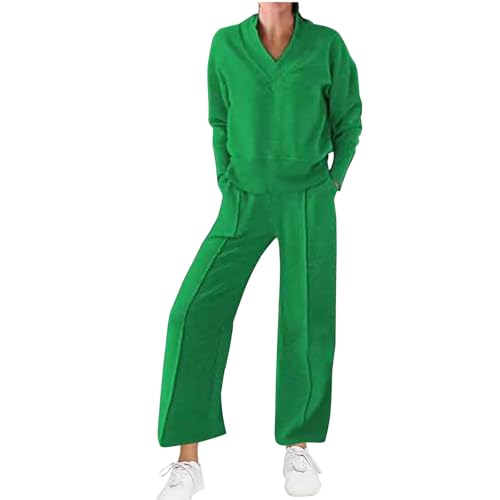 Women 2 Piece Outfit Sweatsuit Oversized V Neck Sweatshirt Pullover Top Wide Leg Pants Sweatpants Tracksuit Matching Set
