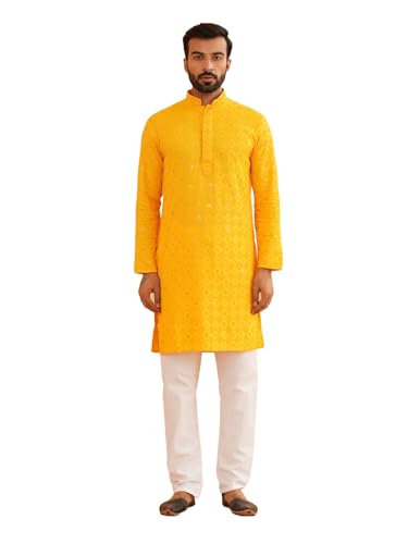 Image of SOJANYA (Since 1958 Men's Cotton Embroidered Sequinned Kurta with white Churidaar Pyjama