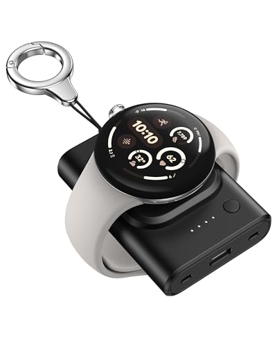 SwanScout Cargador para Google Pixel Watch 3/2/Fitbit Versa 4/Versa 3/Sense 2/Sense/Ace LTE (No para Google Pixel Watch 1), 1800 mAh Cargador Inalámbrico Portátil con Llavero, SwanScout 305G2