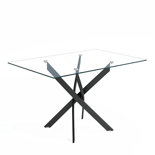 NIERN Tempered Glass Dining Table with Black Metal Legs, 47in Modern Rectangular Kitchen Table for Kitchen Dining Room Home Office (47.2