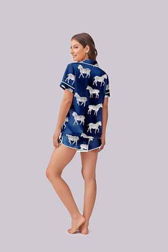 Image of Ekouaer Womens Silk Satin Pajama Set Print Short Sleeve Sleepwear Button Down Pjs Shorts Set Loungewear