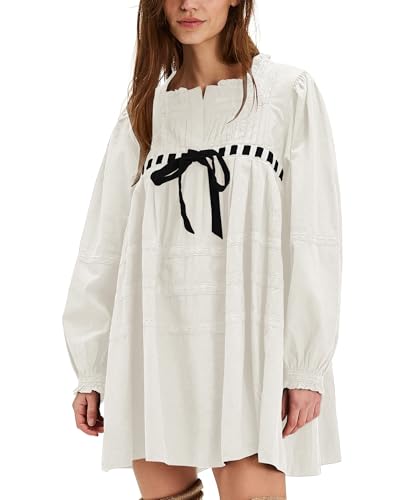 Locachy Womens 2025 Casual Cotton Dress Tie Front Square Neck Long Sleeve A Line Pleated Mini Dress