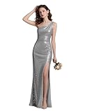 Womens Cocktail Dresses Long Silver Gray Sparkle Sequin Dress for Wedding Guest Formal Evening Ball Gowns Bridesmaid Prom Dress for Women with Slit One Shoulder Mermaid Maxi Dresses Us14