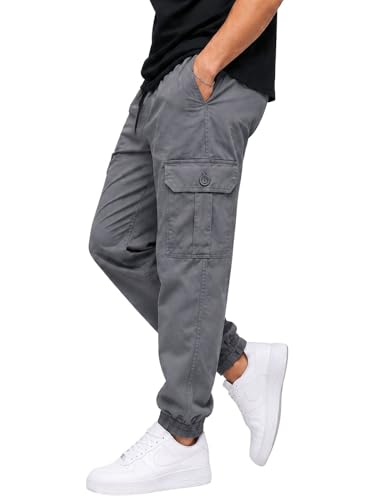 Image of Men's Cotton Cargo Pants | Cargo Trousers with Flap Buttoned Pocket | Elastic Waist Drawstring Casual Cargo Pants | Regular Fit Outdoor Travel Streetwear Bottom Wear