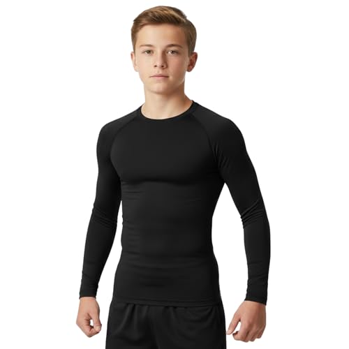 Camiseta Térmica Compresión Niños, Ropa Interior Manga Larga Suave (90% Poliéster, 10% Elastano) para Fútbol, Esquí, Running (FR/ES, Edad, 11 años, 12 años, Regular, Black)