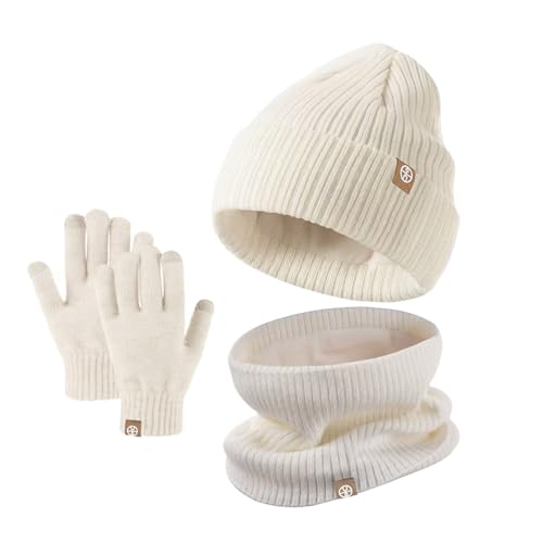 Image of Kids Winter Hat Scarf Gloves Set - Thermal Knitted Beanie with Soft Fleece Neck Warmer for Children Aged 2-8