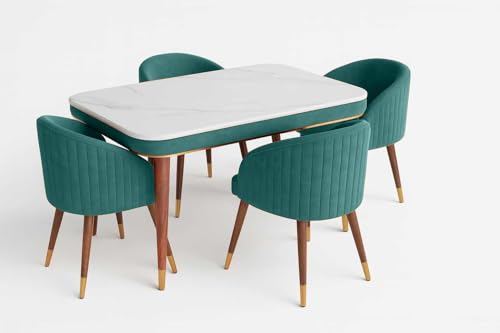Image of WOODEN SPACE Majestic 4 Seater Wooden Dining Table Set | Urban Marble Top Dining Table with Chairs for Dining Room & Kitchen (Sea Blue)