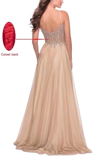 Women's Lace Appliques Prom Dresses Long V Neck Slit Evening Dress Spaghetti Straps Lace Formal Party Gowns2