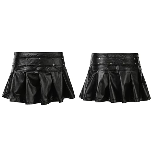 Womens Vintage PU Faux Leather Low Waist A-Line Short Skirt Punk Rivets Studs Pleated Flared Miniskirt Streetwear4