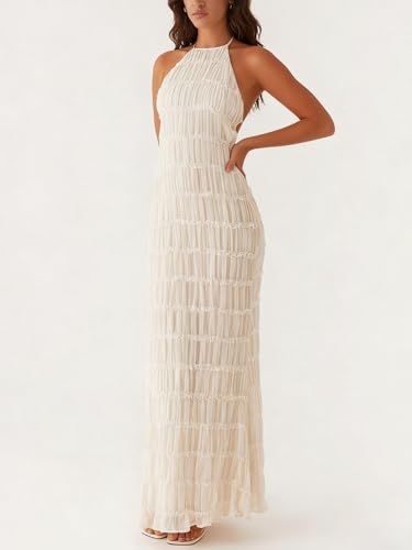 Image of Yiulangde Women's Backless Smocked Maxi Dress Sexy Spaghetti Strap Cut Out Flowy Beach Long Dress Vacation Casual Sundresses