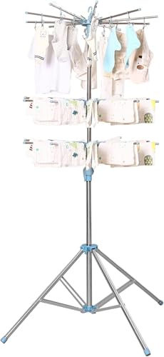 LOADFUN パラソル型洗濯物干しスタンド 折りたたみ式3段設計 ステンレス製 高さ調節可能 最大15kg耐荷重 省スペースコンパクト 自立収納 伸縮自在 室内ベランダ対応 ピンチハンガー付属 家庭用洗濯干し(3段-オルハンガー20本,ブルー)