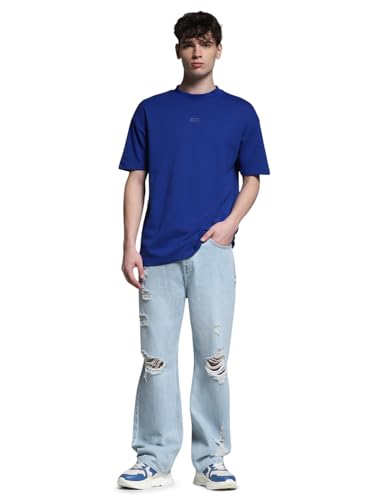 Image of Jack & Jones Men's Solid Round Neck Cotton Relaxed Fit T-Shirt | Boxy Fit | Drop Shoulders