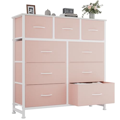 Image of OLIXIS 9 Drawer Pink Dresser for Bedroom, Closet Organizers and Storage | Tall Fabric Dresser with Wooden Top, Chest of Drawers for Clothes Storage, Tower Cabinet, Furniture, TV Stand