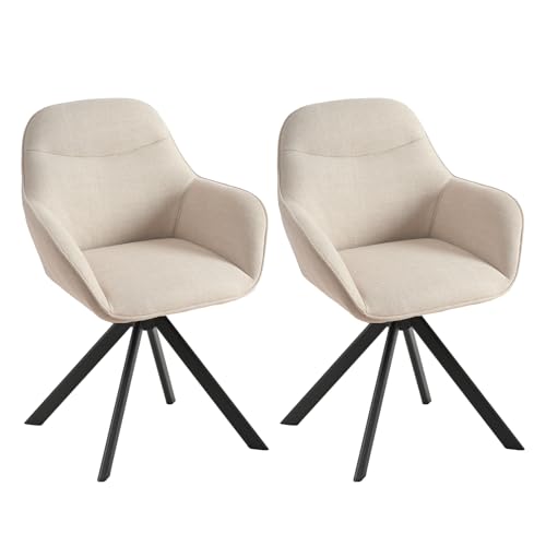 Goeurvant Juego de 2 sillas de Comedor Giratoria Beige con Reposabrazos Sillas de Salon Sillas Cocina Tapizadas de Poliéster de Metal Negro