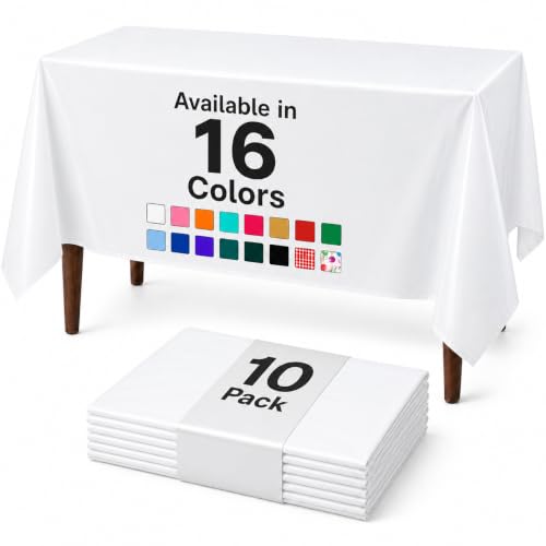 Auros White Premium Plastic Tablecloths 10 Pack 54 x 108 Inch Rectangle Disposable Table Covers for 8FT Tables Waterproof Spill-Proof Easy Cleanup for Birthday Parties and Weddings