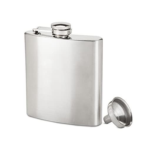 True Stainless Steel Pocket Hip Flask, Durable Leakproof Liquor Flask for Men and Women with Funnel for Whiskey, Vodka, Tequila, Rum, Travel, Outdoor Adventure, 6 oz, Set of 1, Silver
