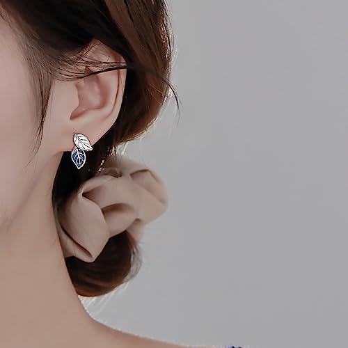 Reffeer Solid 925 Sterling Silver Small Leaf Stud Earrings for Women Teens Blue Leaf Stud Earrings Spring3
