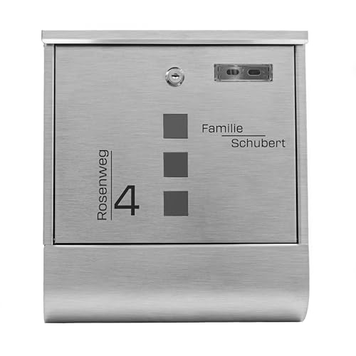 Grafner Edelstahl Briefkasten personalisiert, mit Zeitungsfach und 2 Schlüssel, moderner Postkasten mit Name Straße und Hausnummer, Wandbriefkasten graviert, incl. Montagematerial