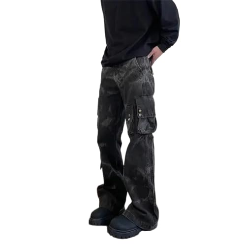 Men Pockets Jeans Stacked Denim Cotton Goth Trousers Washed Cowboy Pants