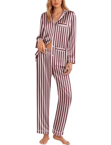 Image of Ekouaer Pajamas for Women Silk Satin Button Down Long Sleeve Pajama Sets
