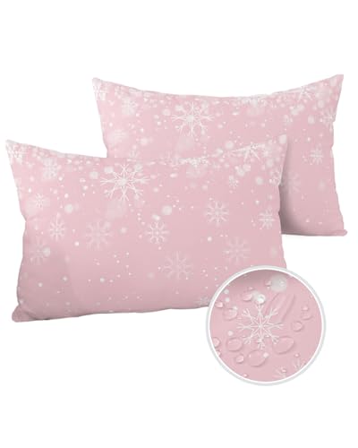Outdoor Throw Pillow Covers 20x12 Waterproof Pink Snowflake Christmas Outdoor Pillows Decorative Pillow Covers Cushion Covers Pillowcase for Tent Patio Garden Couch Set of 2, Winter Scenes Wonderland