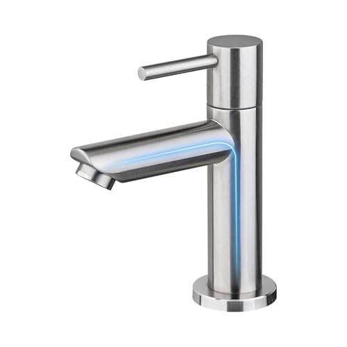 Ibergrif M18103 Grifo de Lavabo SOLO AGUA FRÍA, Acero Inoxidable SUS304, Acabado Cepillado, Caño Bajo para Aseo y Garaje, Cartucho Cerámico 90°, Conexión G3/8″