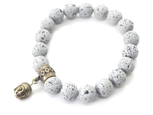 Bracelet en pierre de lave grise perles 10mm et Bouddha en laiton 19cm