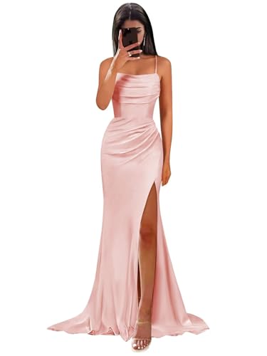 Mermaid Satin Bridesmaid Dresses for Women Long Blush Pink Pleated Evening Formal Gown with Slit Size 6