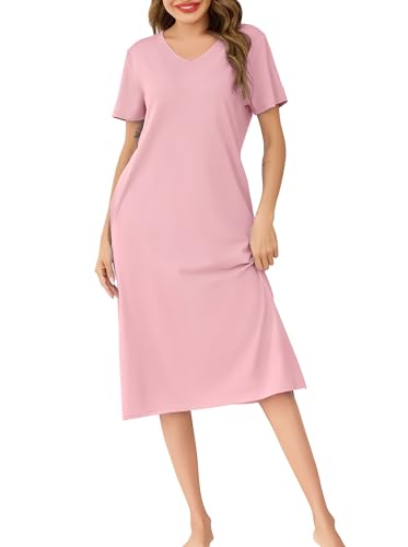 Wikoan Damen Nachthemd Kurzarm Baumwolle Nachthemd Lang Schlafshirt Weich Loungewear Sleepshirt Nachtwäsche Sommer mit Taschen Rosa L