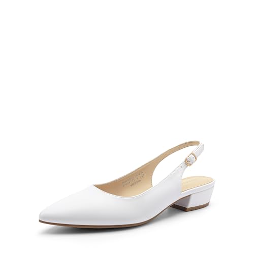 DREAM PAIRS Kitten Slingback Low Block Heels for Women Pointed Closed Toe Business Dress Shoes Wedding Party Comfortable Pumps Shoes 8 White