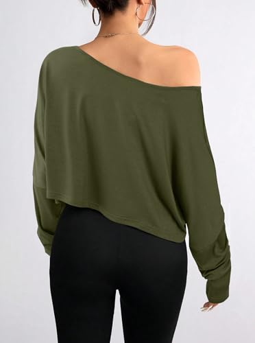 Hilinker Women's Sexy Boat Neck Casual Loose T Shirt Long Sleeve Off Shoulder Crop Tops2