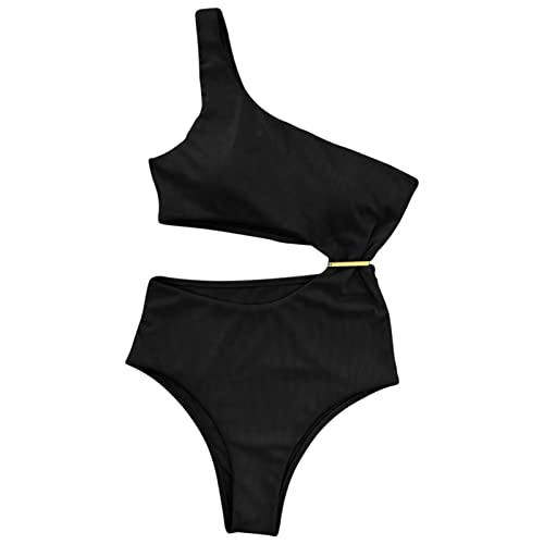 Genérico Bañador Talla Grande Mujer Push Up Trajes de Baño Traje de Baño Bikini Sexy Traje Mujer Un Hombro Cintura Alta Color Sólido Hebilla Metal Bañador Vientre Plano (Black,L)
