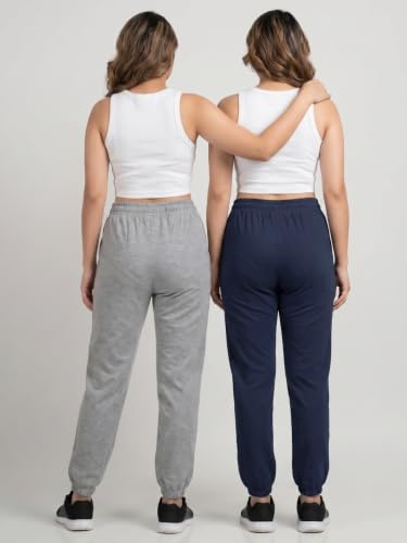 Image of Fflirtygo Cotton Solid Joggers /Track Pant /Solid Pajama /Leggings �100% Export Quality Soft Cotton Night Wear /Pocket Pyjama for Women Combo Pack of 2Pcs, Blue and Grey