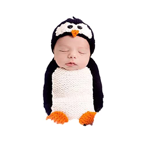 Newborn Photography Props Boys Girls Outfits Cute Penguin Shaped Crochet Knitted Unisex Baby Sleep Sack + Hat Baby Photoshoot Props, for 0-3 Months