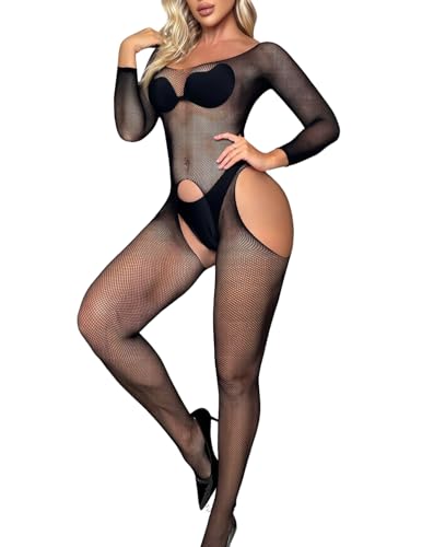 Sexy Mesh Bodystocking for Women Long Sleeve Bodysuit Lingerie See Through Body Stockings Full Body Naughty Fishnet Bodycon Babydoll Stretchy Nightwear Tights Jumpsuit Underwear (Black6, One Size)
