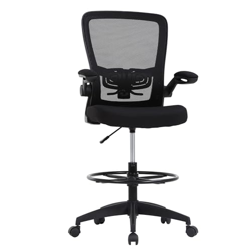 Image of BestOffice Drafting Chair Tall Office Chair Adjustable Height with Lumbar Support Flip Up Arms Footrest Mid Back Task Mesh Desk Chair Computer Chair Drafting Stool for Standing Desk (B-Black)