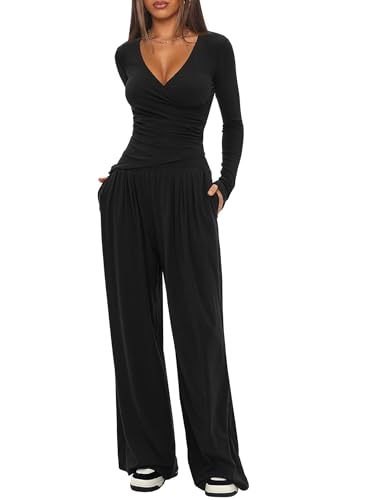 Darong Women's 2 Piece Lounge Fall Outfits Sets Warp V Neck Short/Long Sleeve Shirts and Wide Leg Pants Casual Matching Sets