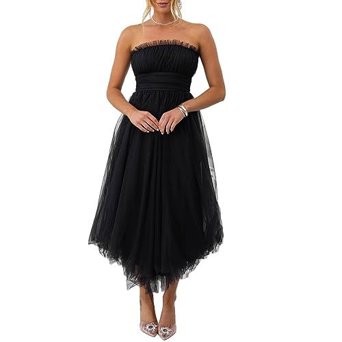 Felcia Damen Trägerloses Bodycon Tüllkleid Ärmellos Rückenfrei Lang Ballkleid Elegant Cocktail Party Hochzeit A Linie Kleid, A-schwarz, L