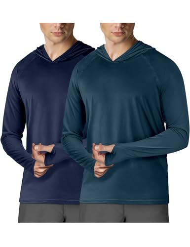 2Pack Mens UPF 50+ Sun Protection Hoodie Shirt Long Sleeve Rash Guard Fishing Outdoor Running Sun UV Shirts Quick Dry