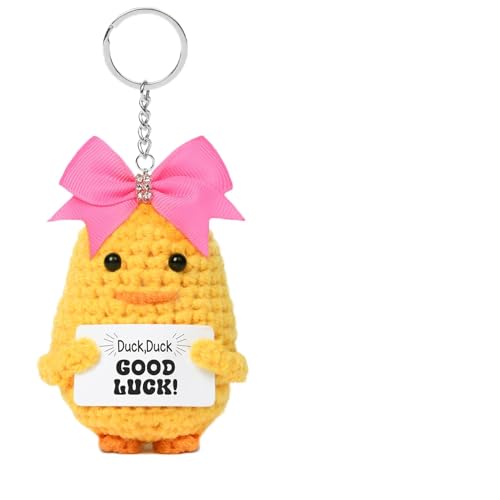 DEEKA Crochet Cheer Duck with Bow Cheer Gifts Bag Accessories Essentials Keychain for Backpack Support Hit Zero Duck Cheerleading Cheerleader Team Gifts (Pink Bow)