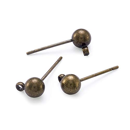 Kissitty 100Pcs Antique Bronze Brass Solid Round Ball Post Stud Earrings with Loop for Jewelry Dangle Earring Making 16mm Long 5mm Ball
