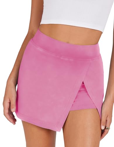 Ailoqing Women's Mini Skirt Stretchy Mid-Waist Side Slit Fitted Bodycon Short Skirt with Shorts Underneath(Pink-XS)