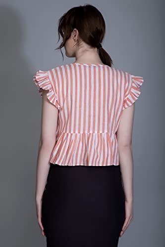 Image of Leriya Fashion Women's Western Regular Fit Crop Tops | Fancy Stripped with Ruffle Sleeves | Button Down Lightweight Cotton for Girls | Suitable for College Office Casual Wear for Ladies