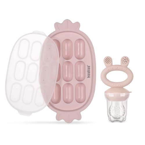 Image of Haakaa Baby Fruit Food Feeder & Silicone Freezer Nibble Tray Combo - Breastmilk Popsicle Mold for Baby Cooling Relief, BPA Free Baby Mesh Food Feeder for Infant Self Feeding