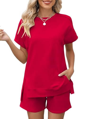 Image of LOMON Womens Fashion 2 Piece Outfits Sweatsuits 2026 Summer Short Sleeve Loungewear Tracksuit Round Neck Lounge Shorts Sets