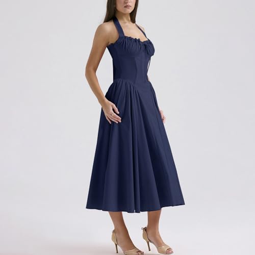 Image of Women Floral Corset Dress Halter Neck Low Cut Bustier Lace Midi Dress Flowy Pleated Hem Long Sundress with Pockets